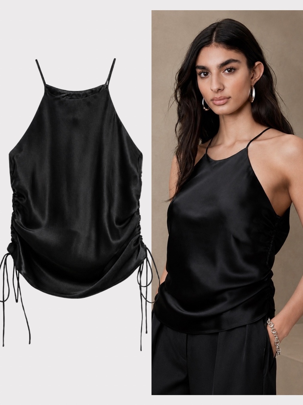 Banana Republic 100% Silk Ruched Tie Side Cami Tank Top Black XL Y2K Minimalist